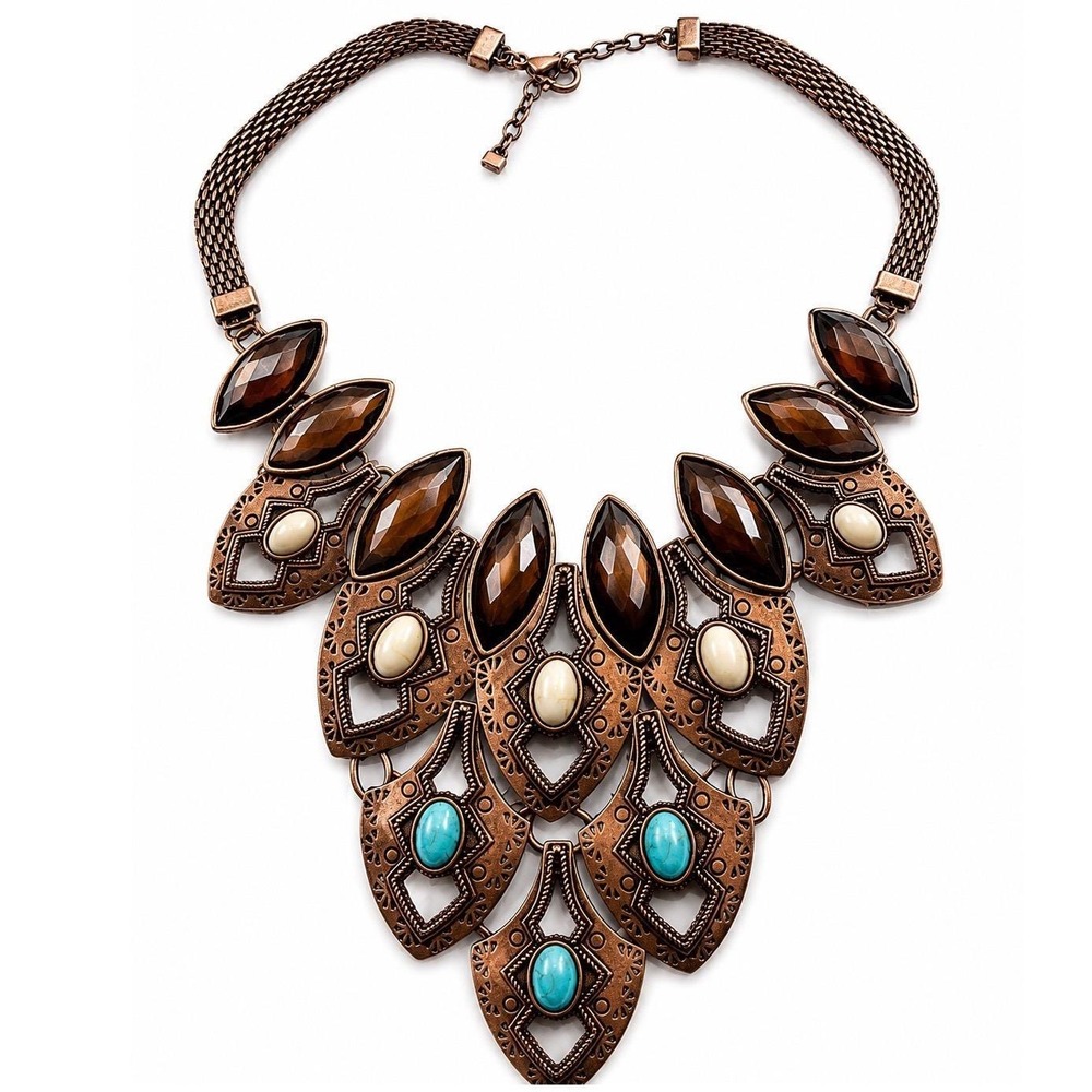 Copper Tone 3 Strand Luxe Bib Necklace Stamped Bronze Turquoise Hue Cabochon